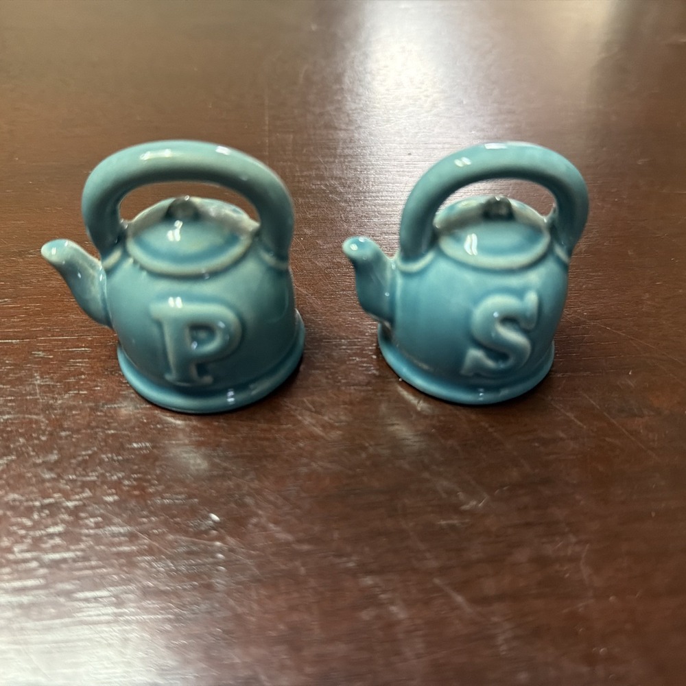 Vintage Set of Turquoise Ceramic Tea Kettle Salt & Pepper Shakers